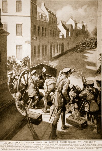 Deutsche Kolonne von britischen Maschinengewehren bei Landrecies niedergemäht von Joseph Ratcliffe Skelton